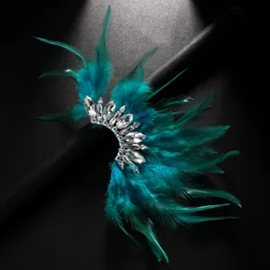 Böhmische türkise Feder Strass Ohrklemme elegante Statement Festival Ohrclip Schmuck Damen