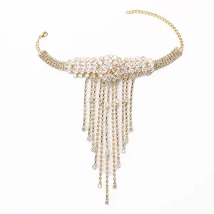Catena da braccio dorata strass fiore frangia, bracciale sposa cristallo per festa.