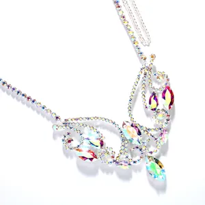 Detailed close-up of an ornate rhinestone collar necklace featuring vibrant AB crystals.