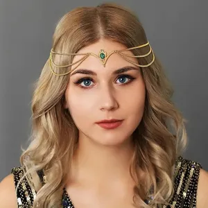 Böhmische Stirnkette Haarschmuck Für Damen Exotisch Retro Grüner Edelstein Kopfschmuck Gold Silber Strass Haarkette