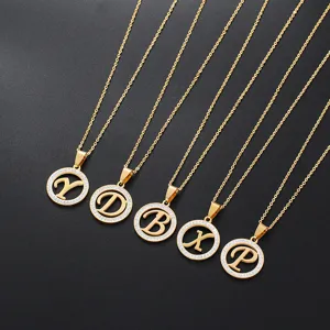 Stainless Steel Initial Alphabet Necklace For Women Gold Rhinestone Round Pendant Link Chain Necklace Jewelry Gift