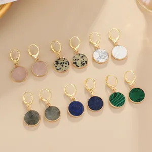 European Vintage Natural Stone Leverback Earrings For Women French Minimalist Round Gold Plated Stone Drop Earrings Jewelry