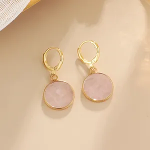 Detailed view of minimalist gold-plated round pink natural stone drop earrings for women daily.