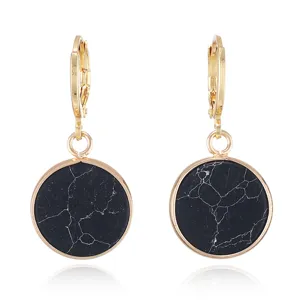 European minimalist retro natural stone drop earrings, elegant black marble pattern.