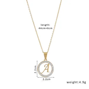 Close-up detail view of the rhinestone letter A pendant necklace with delicate chain.