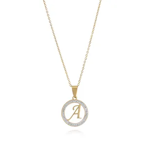 Gold initial letter A pendant necklace with sparkling rhinestone circle for women fashion jewelry.