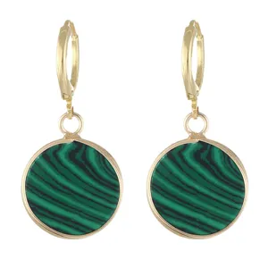 Gold-plated hoop earrings featuring elegant green round malachite pattern pendant drops.