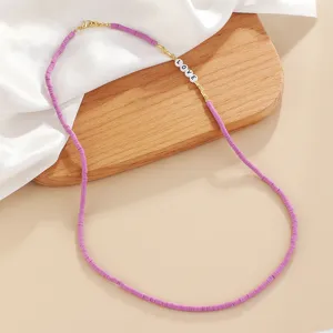 Purple polymer clay bead necklace with LOVE letter beads, versatile multiuse chain detail.