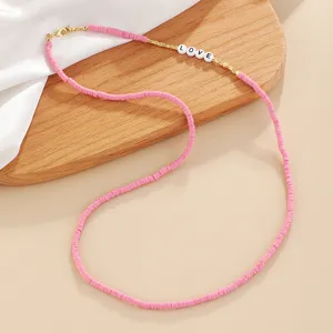 Pink soft pottery bead necklace with LOVE letters, fashion handmade glasses chain for women.