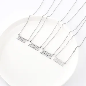 Close-up detail of stainless steel year number pendant necklace, featuring gothic font design.