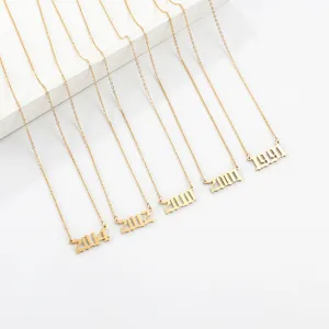 Gold tone stainless steel year number pendant necklaces detail view, vintage old English font.