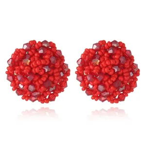 Boucles d'oreilles clous boule de cristal perlées rouges, élégantes boucles rondes.