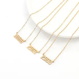 Stainless steel gothic year number pendant necklace set, fashionable minimalist gold jewelry for women.