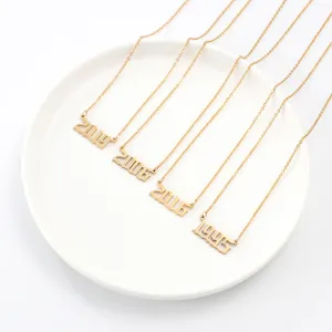 Detailed shot of custom year number pendant necklaces in stainless steel with gothic fonts.