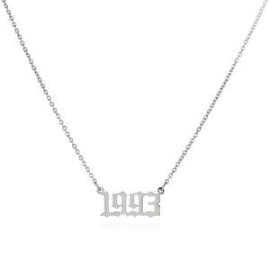 Close-up detail of the stainless steel gothic year number 1993 pendant necklace.