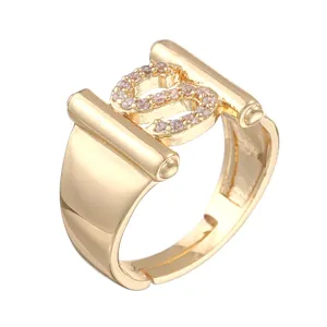 Anello aperto con lettera in stile europeo per donna con zircone rosa e design regolabile elegante.