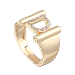 Anello Aperto Lettera D Oro Zircone Regolabile Dito Moda Gioiello Dettaglio Vista