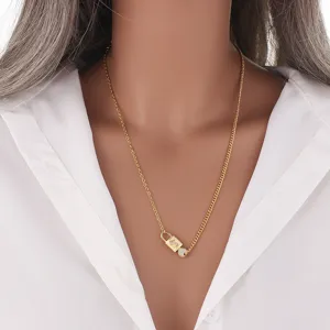 Hip Hop Euro-American Gold Plated Copper Rhinestone Letter Lock And Key Pendant Choker Necklace Trendy Gift Jewelry For Women