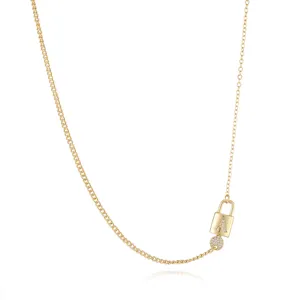 Gold plated chain necklace featuring a sparkling rhinestone letter A padlock pendant for women.