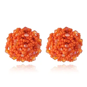 Boucles d'oreilles boules de cristal perlées orange, design géométrique fait main.