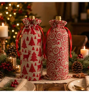 Christmas wine bottle cover burlap flocking red festive holiday home dining table decor set