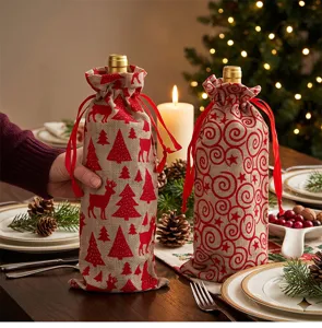 Christmas burlap wine bottle cover with red festive print, perfect for holiday table decor.
