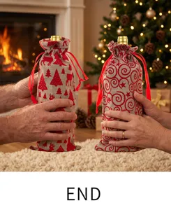 Detail view of Christmas wine bottle cover with festive red flocked burlap and drawstring.