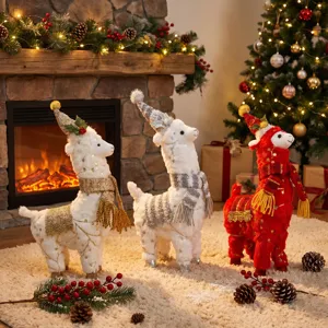 Kerstmis Pluche Alpaca Ornament Schattig Dier Bureau Decoratieve Pop Met Muts Sjaal Pailletten Voor Feestdagen Thuis Etalage Cadeau