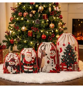 Weihnachten Jute Kordelzug Geschenkbeutel Set, festliche Feiertag Verpackung, Szene.