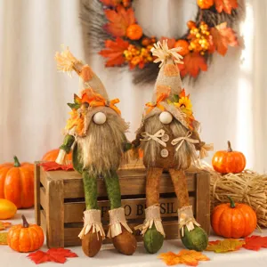 Διακοσμητικά Νάνοι Ημέρας Ευχαριστιών Φθινοπωρινή Συγκομιδή Καπέλο Λινάτσα Μακριά Πόδια Καθιστός Νάνος Διακοσμητικό