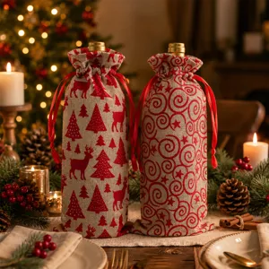Christmas Wine Bottle Cover Faux Linen Flocked Reindeer Christmas Tree Pattern Wine Bottle Bag For Xmas Party Table Home Decoration