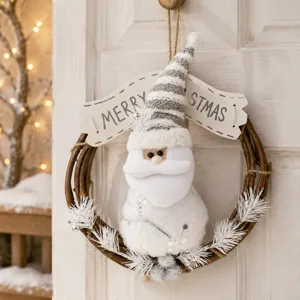 Christmas Wreath Rattan Ring Santa Claus Snowman Reindeer Pendant Hanging Ornament For Front Door Home Office Party Decoration