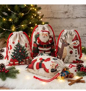 Details zu Leinen Weihnachtssäckchen mit festlichen Motiven für Geschenke und Deko.