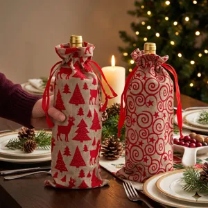Christmas wine bottle cover sets, burlap material with red reindeer and tree patterns for holiday.