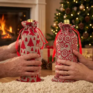 Christmas wine bottle cover burlap bag set, holiday home decor and dining table decoration.
