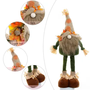 Thanksgiving gnome scarecrow doll with long legs, autumn harvest home decor figure.