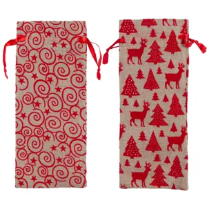 Christmas burlap wine bottle cover with red festive reindeer and tree patterns for holiday decor.