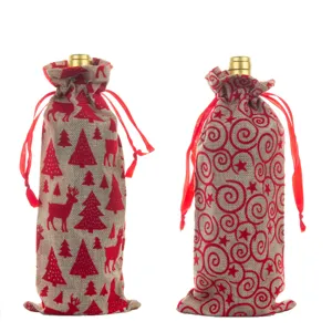 Christmas burlap wine bottle cover festive red linen bags with drawstring holiday decor set