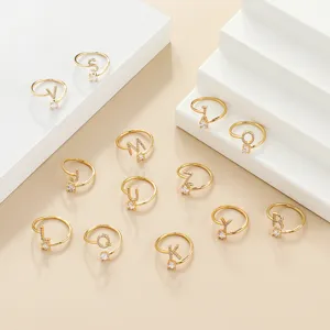 Personalisierter Vergoldeter Offener Verstellbarer Ring Mit Buchstaben A-Z Für Damen Kupferring Mit Einzelnem Zirkonia Modeschmuck