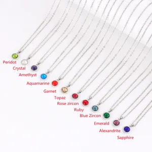 Silver-plated birthstone necklace set featuring colorful cubic zirconia crystal pendants.