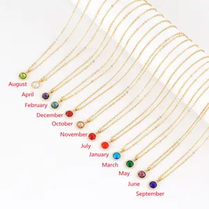 Gold plated birthstone necklace set with colorful zircon stones, elegant clavicle chain.