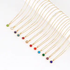 Gold plated colorful birthstone pendant necklace detail showing vibrant gemstone colors