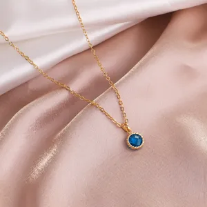 Elegant gold plated blue crystal pendant necklace for women, classic clavicle chain.