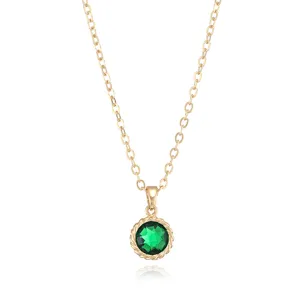 Gold-plated green zircon clavicle chain necklace featuring a classic round gemstone pendant.