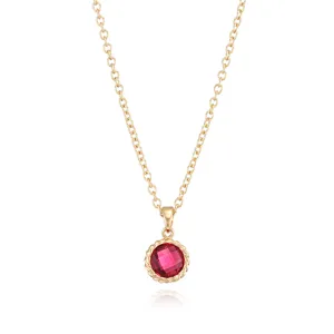 Detailed view of the gold-plated birthstone necklace featuring a radiant red zircon pendant.