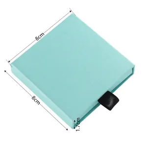 Square drawer jewelry box detail showing 8x8x1.7cm compact size for gift packaging.