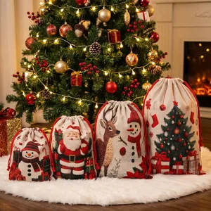Weihnachten Kordelzug Geschenktüten Leinenoptik Gemustert Weihnachtsmann Schneemann Rentier Säcke Für Feiertagsparty Belohnungen Deko