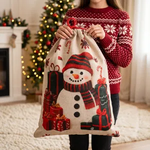 Weihnachts-Jute-Geschenkbeutel mit Schneemann und Geschenken, großer Kordelzug-Süßigkeitenbeutel.