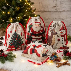 Weihnachten Leinen Kordelzug Geschenktüten Süßigkeiten Beutel Party Deko Set 4 Stk