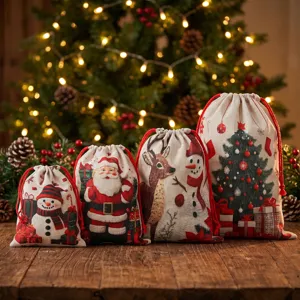 Weihnachten Jute Kordelzug Geschenktaschen, Festliche Süßigkeitentaschen mit niedlichen Mustern.